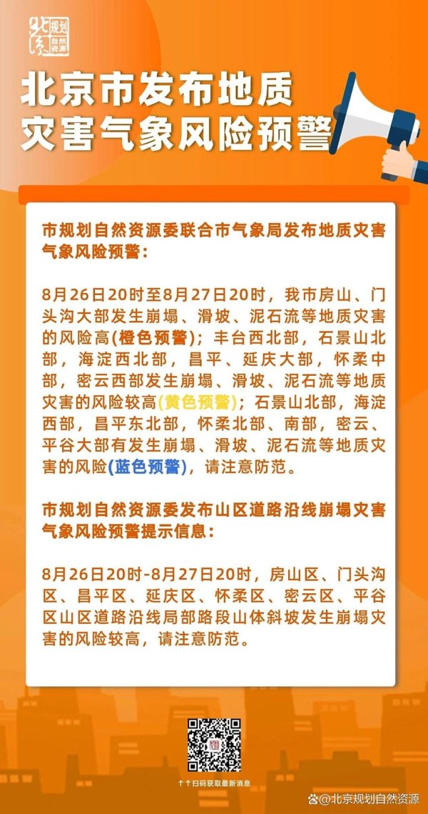 桥宜速配 北京市发布地质灾害气象风险橙色预警